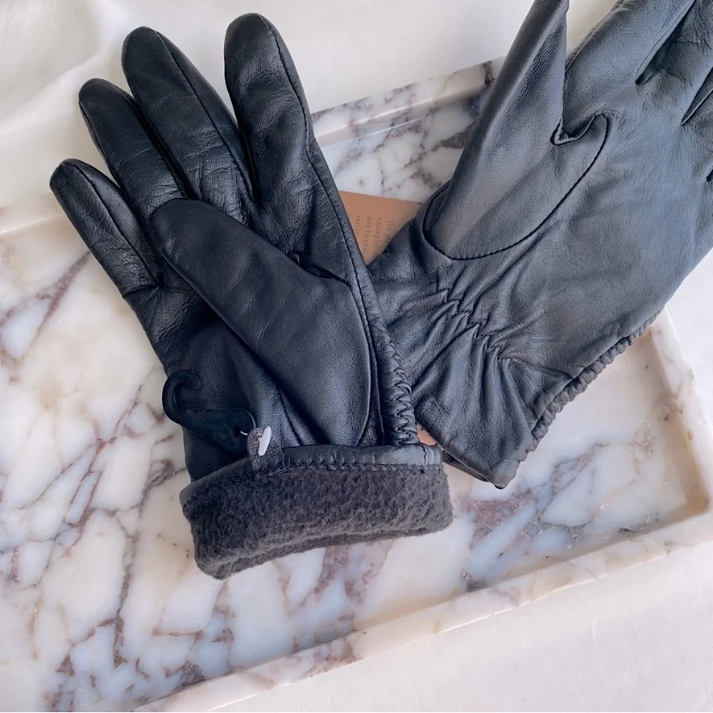 FOWNES ELEGANT GENUINE LEATHER RUCHED FLEECE LINED GLOVES DAINTY Black L